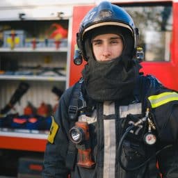 Firefighter in uniform standing in front of a firetruck.