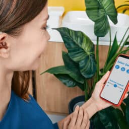 Person wearing a hearing aid uses her hearing aid smartphone app to adjust the volume settings.